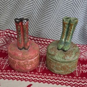 Decorative Boot-Themed Trinket Boxes - Pinkish Red and Green